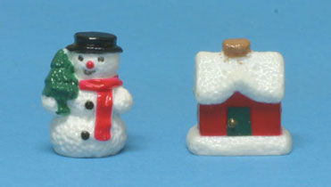 Dollhouse Miniature Snowman And House